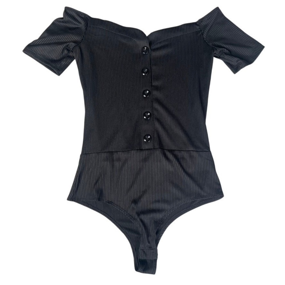 SJL Apparel Black Off Shoulder Ribbed Button Front Thong Bodysuit Medium
